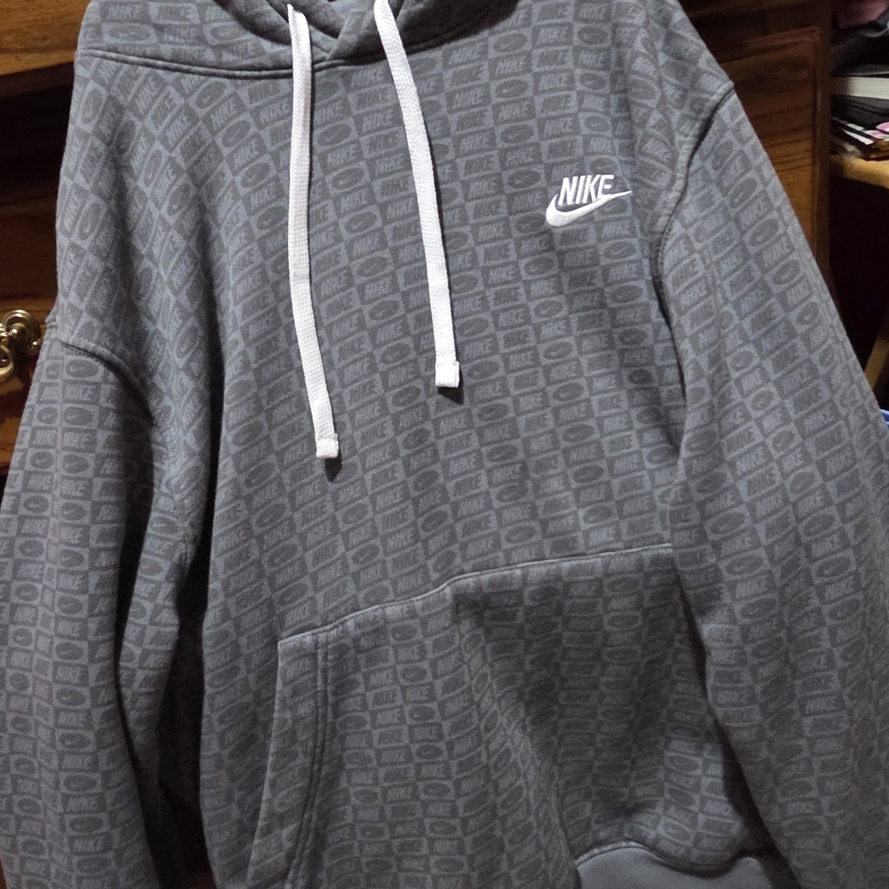 Nike Men's Charcoal Gray All-Over Logo Pullover Hoodie with White Drawstrings